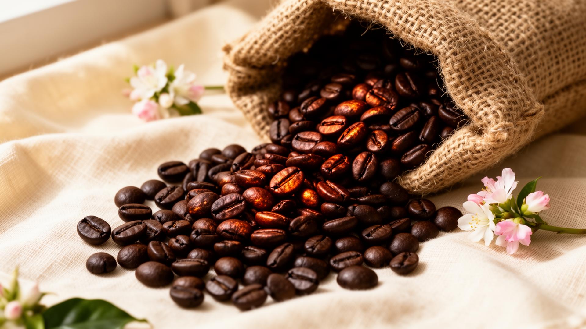 Granos de café recién tostados saliendo de un saco de yute con flores de café