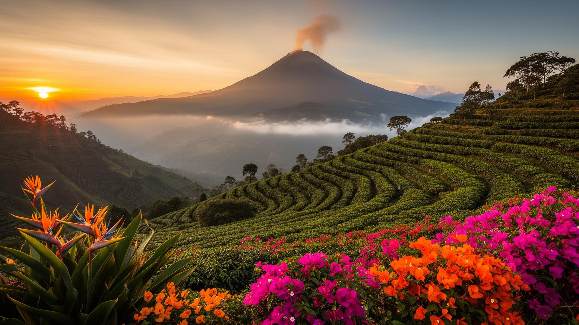 Volcán guatemalteco al amanecer con terrazas de café y bougainvilleas en flor