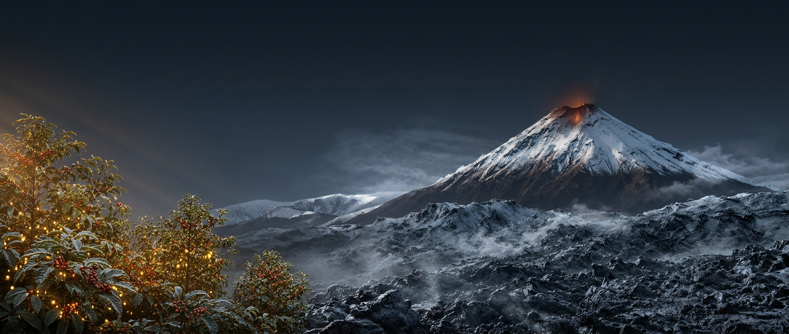 Volcán nevado y cafetales para el Café de Navidad